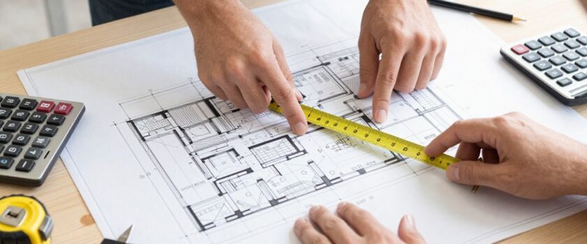 Construction blueprints and estimating tools on a table.