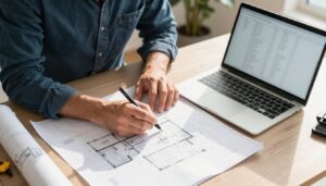 Roofing estimator reviewing blueprints and spreadsheets for project costs.