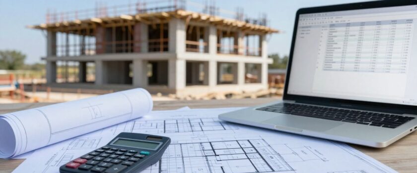 Construction blueprints and a laptop on a table at a building site.