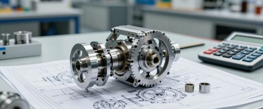 Blueprint with mechanical designs, calculator, and metal parts for manufacturing estimation.